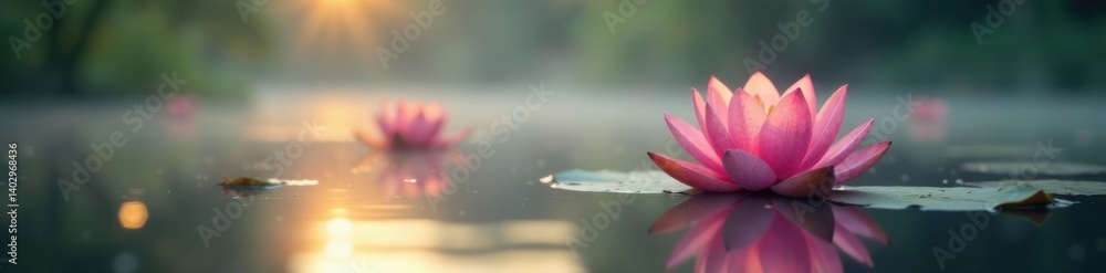 Water lily pad blooms softly aglow in misty lake morning atmosphere , reflective, dawn, glowing Water lily pad blooms softly aglow in misty lake morning atmosphere , reflective, dawn, glowing