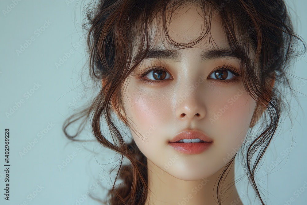 Young woman with warm eye makeup and artful, tousled brown hair, up close Young woman with warm eye makeup and artful, tousled brown hair, up close