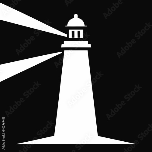 "Linocut silhouette of a beacon flashing, bold light rays, high contrast"

