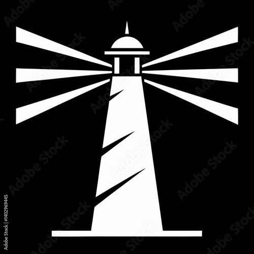 Linocut silhouette of a beacon flashing, bold light rays, high contrast"
