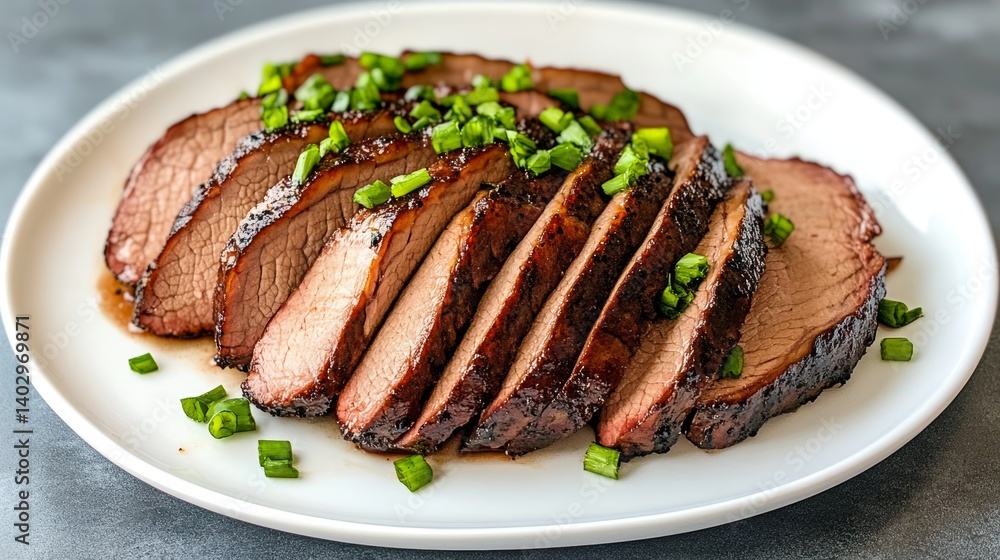 High quality photograph showing slow-cooked beef brisket with luscious smoky glaze sliced and beautifully arranged on a rustic serving board High quality photograph showing slow-cooked beef brisket with luscious smoky glaze sliced and beautifully arranged on a rustic serving board