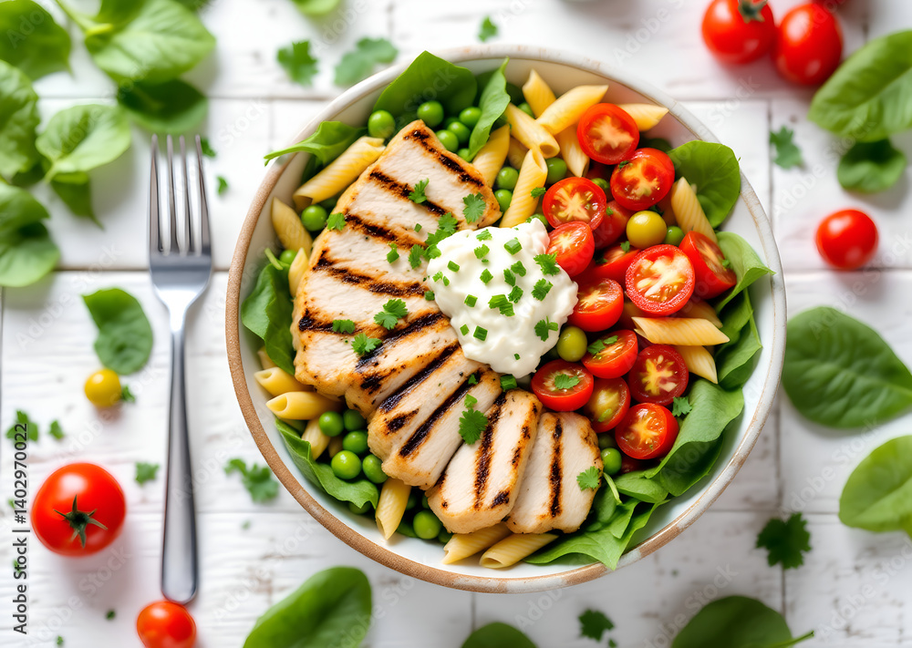 Grilled Chicken Pasta Salad with Fresh Vegetables and Herbs. Grilled Chicken Pasta Salad with Fresh Vegetables and Herbs.