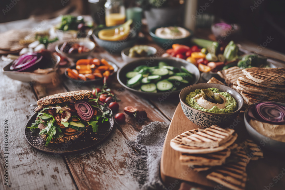 Fototapeta premium Variety of healthy food on rustic wooden table, showcasing vegetarian sandwich, hummus, vegetables, and pita bread, suggesting a healthy and delicious meal