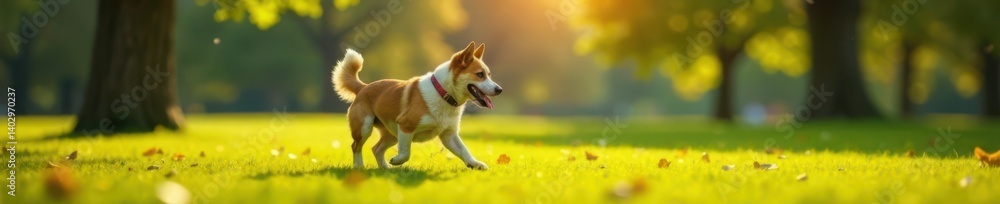 A dog on a short leash running freely in the park, exercise, leash A dog on a short leash running freely in the park, exercise, leash