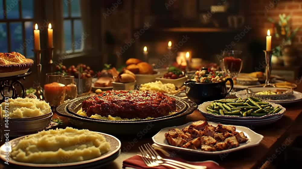 A Sumptuous Thanksgiving Feast: A Bountiful Table of Traditional Dishes Under Candlelight A Sumptuous Thanksgiving Feast: A Bountiful Table of Traditional Dishes Under Candlelight