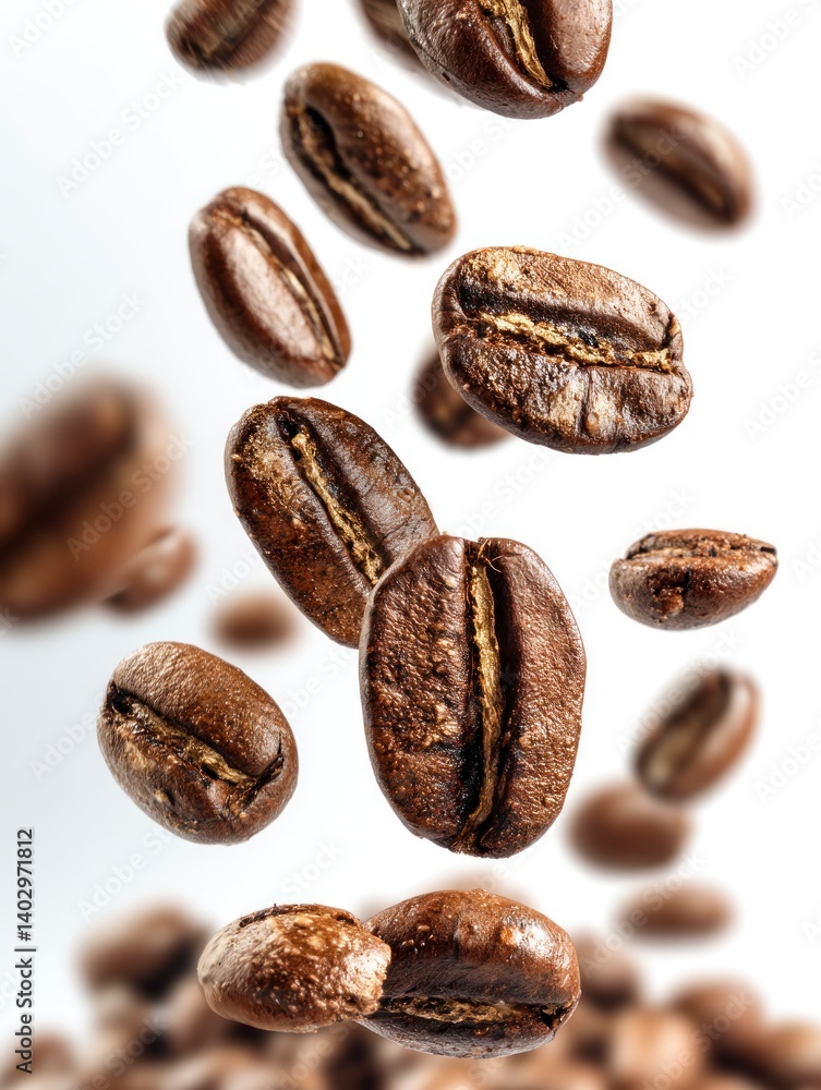 Fototapeta premium Falling Roasted Coffee Beans Isolated on White Background Close-up Shot