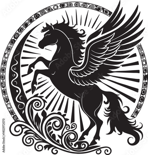 Majestic Pegasus: A powerful, stylized black pegasus, wings outstretched, rises against a sunburst within an ornate circular frame, embodying mythical grace and power.