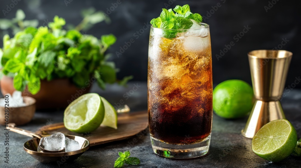 Refreshing Cuba Libre Cocktail with Lime and Mint Garnish Close-up Refreshing Cuba Libre Cocktail with Lime and Mint Garnish Close-up