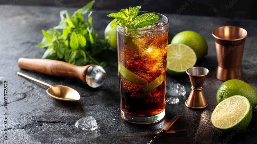 Refreshing Cuba Libre Cocktail with Lime and Mint Garnish Still Life Refreshing Cuba Libre Cocktail with Lime and Mint Garnish Still Life