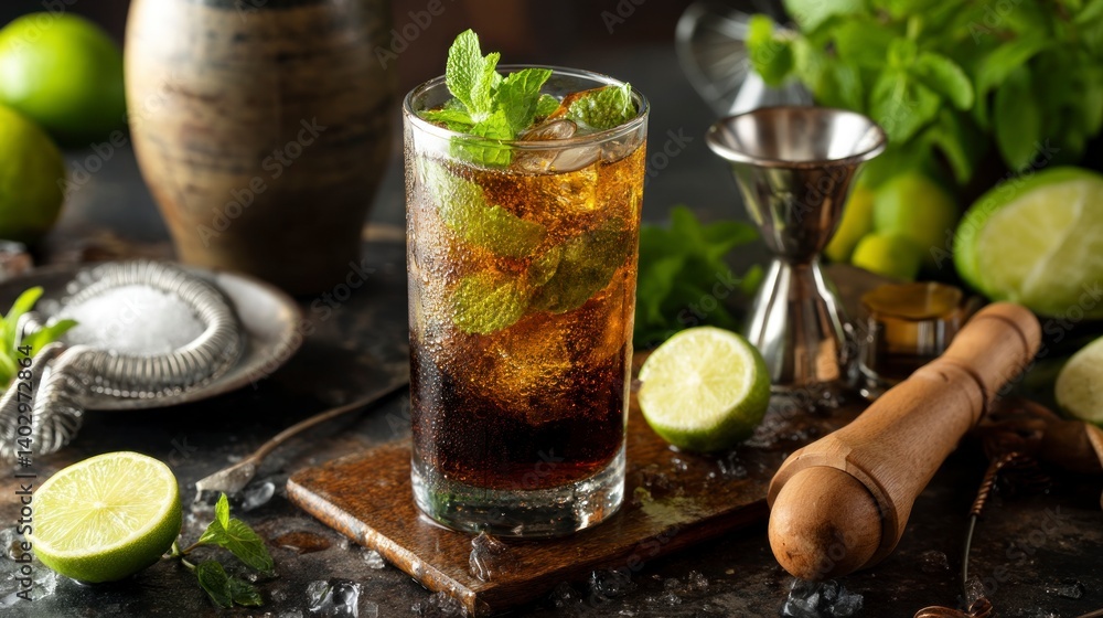 Refreshing Cuba Libre Cocktail with Lime and Mint Preparation Scene Refreshing Cuba Libre Cocktail with Lime and Mint Preparation Scene