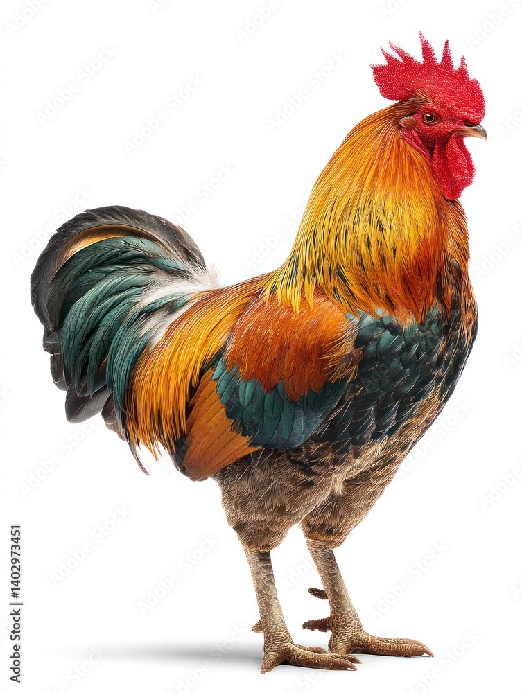 Standing Rooster with Colorful Plumage on White Background Studio Shot Standing Rooster with Colorful Plumage on White Background Studio Shot