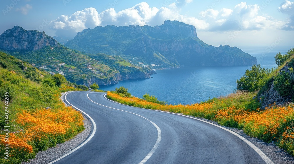 Scenic Coastal Drive in Italy: Winding Road, Ocean Views, and Blooming Flowers Scenic Coastal Drive in Italy: Winding Road, Ocean Views, and Blooming Flowers