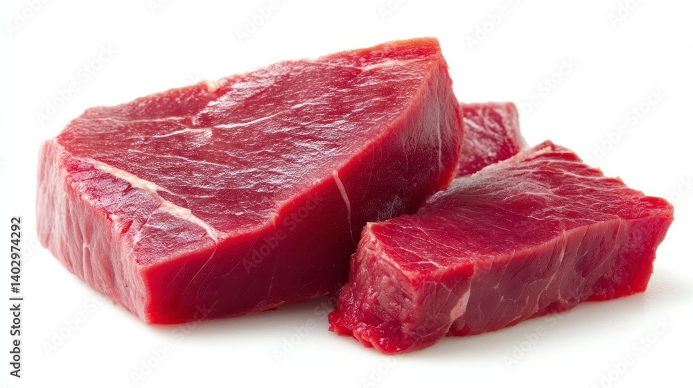 Obraz premium Fresh Raw Cubes of Beef Ready for Cooking on a White Background