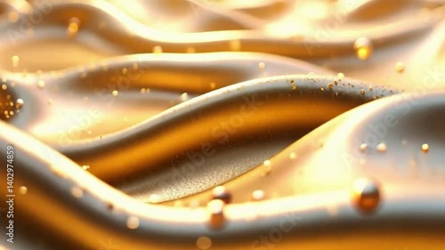 A 4K HD abstract liquid motion background with flowing metallic gold and silver particles swirling