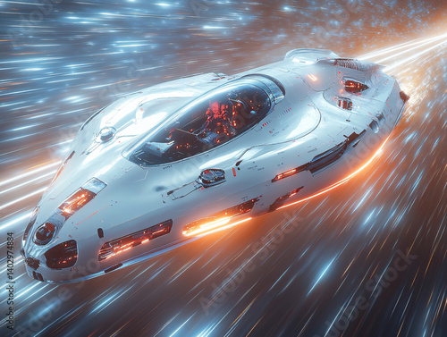 Fototapeta Naklejka Na Ścianę i Meble -  a futuristic spaceship in a high-speed flight, surrounded by a starry backdrop with streaks of light, suggesting a sense of rapid movement through space.