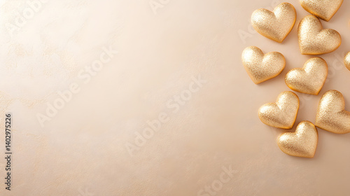 Golden heart shapes arranged on a soft background creating a romantic atmosphere for celebrations and special occasions love decoration concept