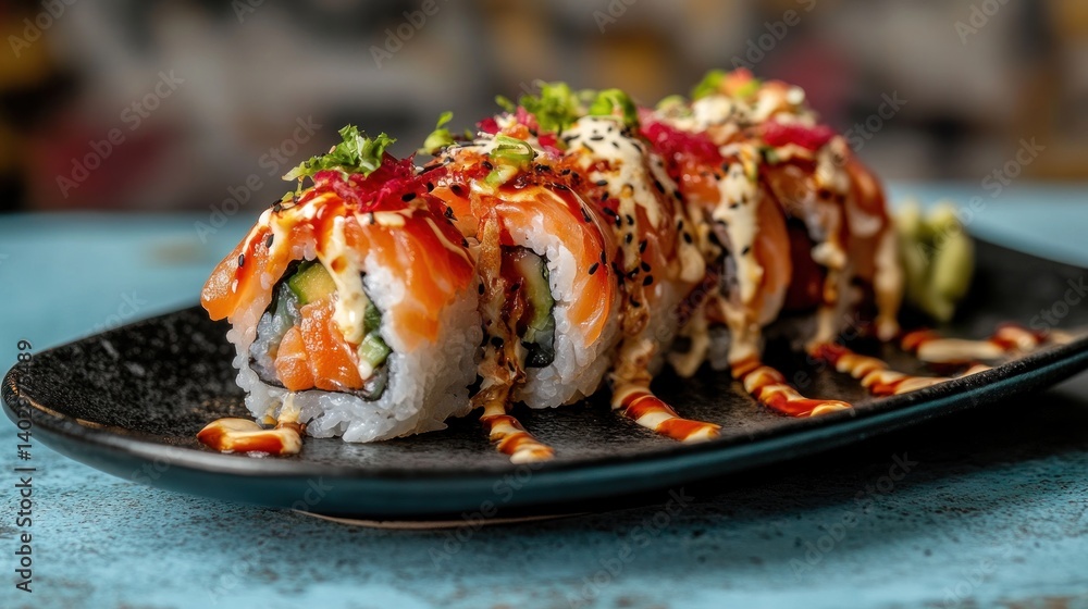Delicious salmon sushi roll with avocado, rice, and spicy mayo on a black plate. Delicious salmon sushi roll with avocado, rice, and spicy mayo on a black plate.