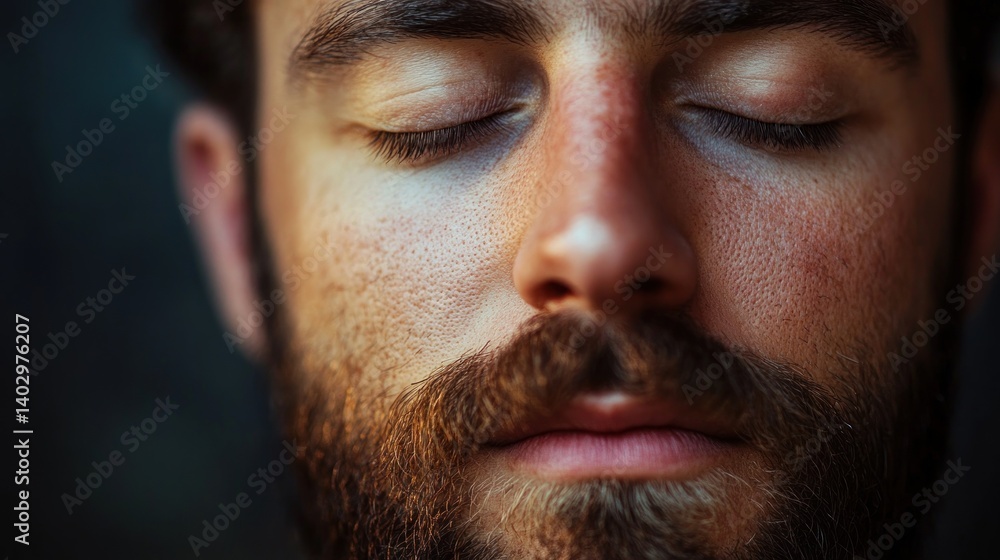 Close-up portrait of a man with his eyes closed, peaceful expression, short beard. Close-up portrait of a man with his eyes closed, peaceful expression, short beard.