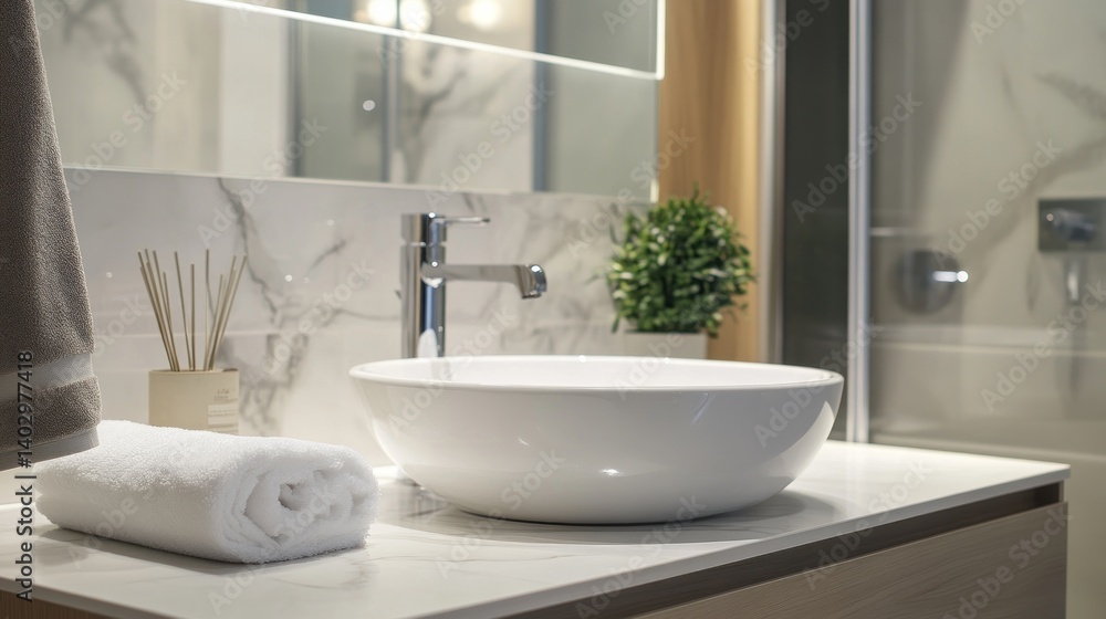 Modern bathroom sink with chrome faucet, white towel, and plant.