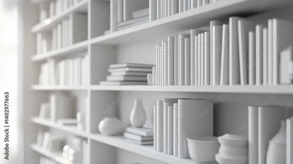 White bookshelf with books, decor, and sunlight. White bookshelf with books, decor, and sunlight.