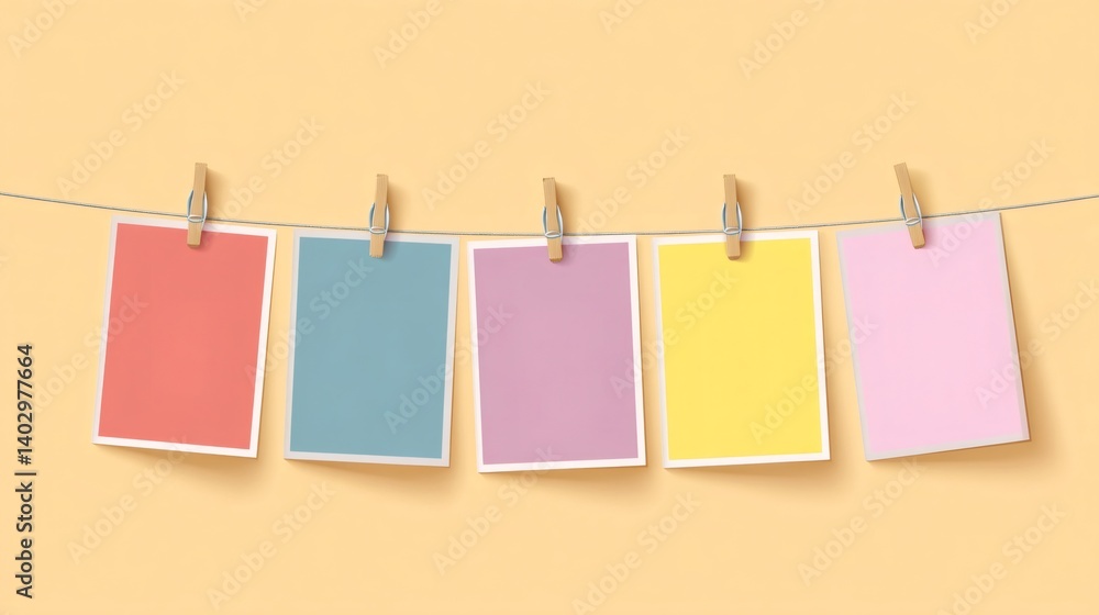 Five colorful blank photos hanging on clothesline with clothespins on yellow background Five colorful blank photos hanging on clothesline with clothespins on yellow background