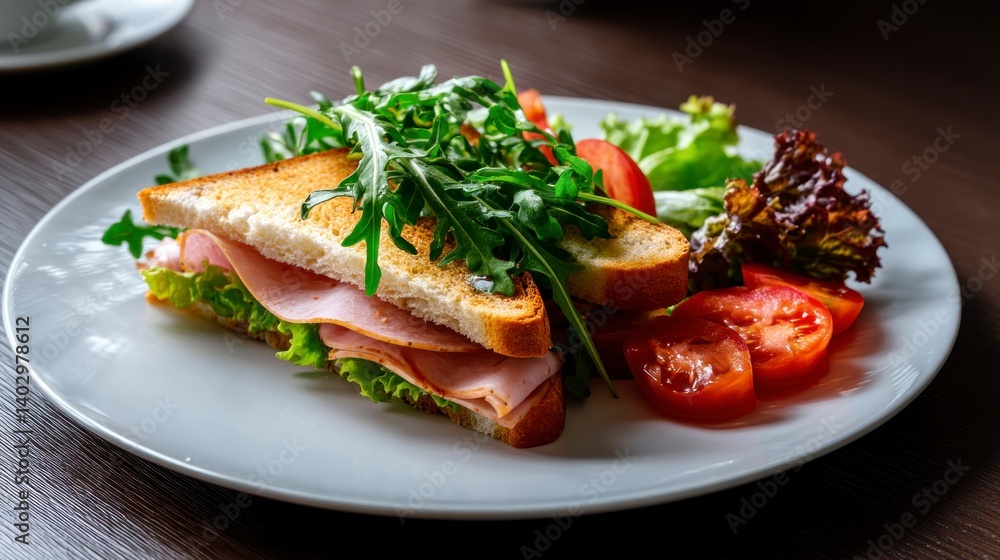 Delicious Ham Sandwich with Fresh Salad on a White Plate Delicious Ham Sandwich with Fresh Salad on a White Plate
