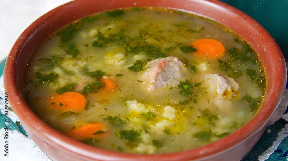 Delicious Homemade Chicken Rice Soup Bowl, Close-up Delicious Homemade Chicken Rice Soup Bowl, Close-up