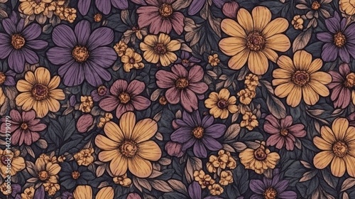 Wallpaper Mural Floral Delight: A Tapestry of Drawn Blooms in Muted Hues Torontodigital.ca