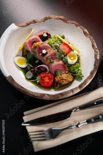 fresh healthy tuna fish egg salad served on the white plate