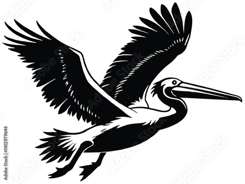 Black pelican silhouette vector, a flying bird illustration with wings in flight