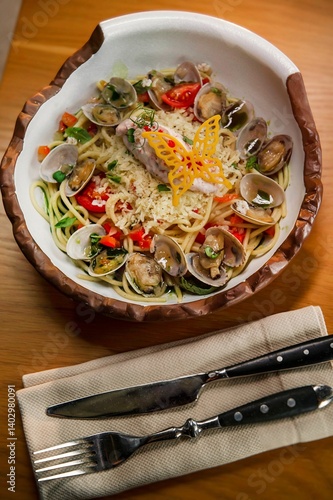 Creative seafood vongole pasta spaghetti with cherry tomatoes and parsley served on the white designers plate