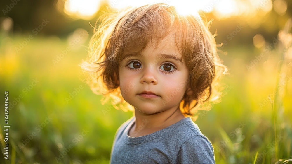 Adorable little child with curly hair gazing intently at camera Adorable little child with curly hair gazing intently at camera