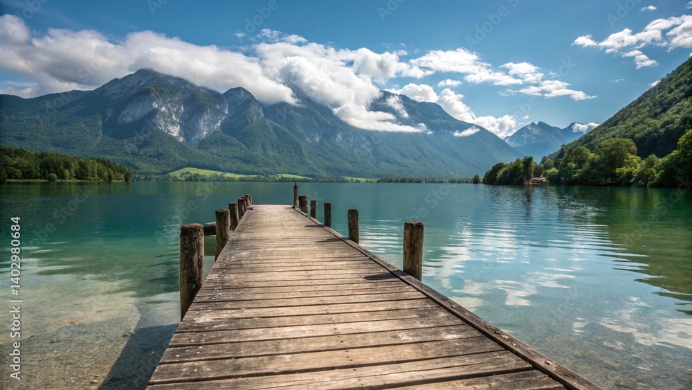 Wooden pier with clear lake in the Alps in summer Wooden pier with clear lake in the Alps in summer
