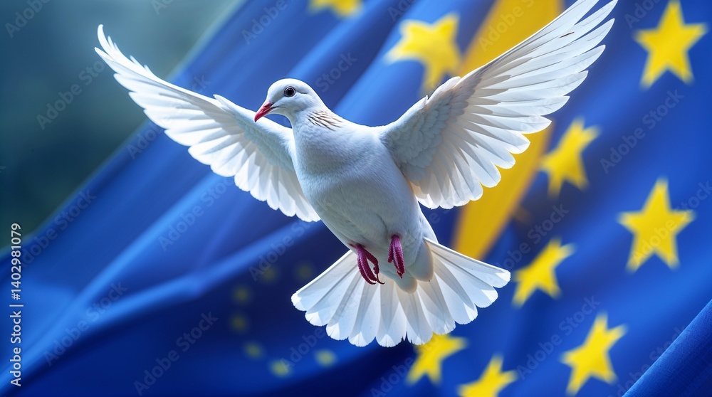 Fototapeta premium White dove peaceful flying against blurred European Union flag representing peace and unity