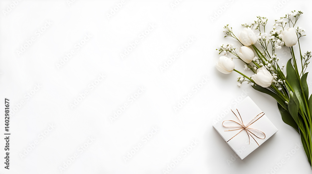 White tulips and gift box on a clean background for celebration, perfect for special occasions and events, showcasing beauty and elegance, gift giving concept White tulips and gift box on a clean background for celebration, perfect for special occasions and events, showcasing beauty and elegance, gift giving concept