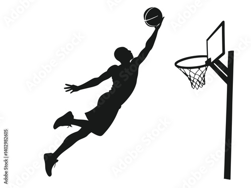 Basketball player silhouette vector shows a black silhouette of a sport athlete in action jumping with a ball during a basketball game