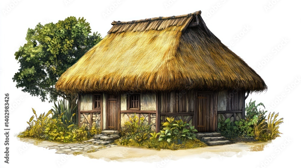 Asian thatched-roof house in a landscape scene, illustration for game or book use Asian thatched-roof house in a landscape scene, illustration for game or book use