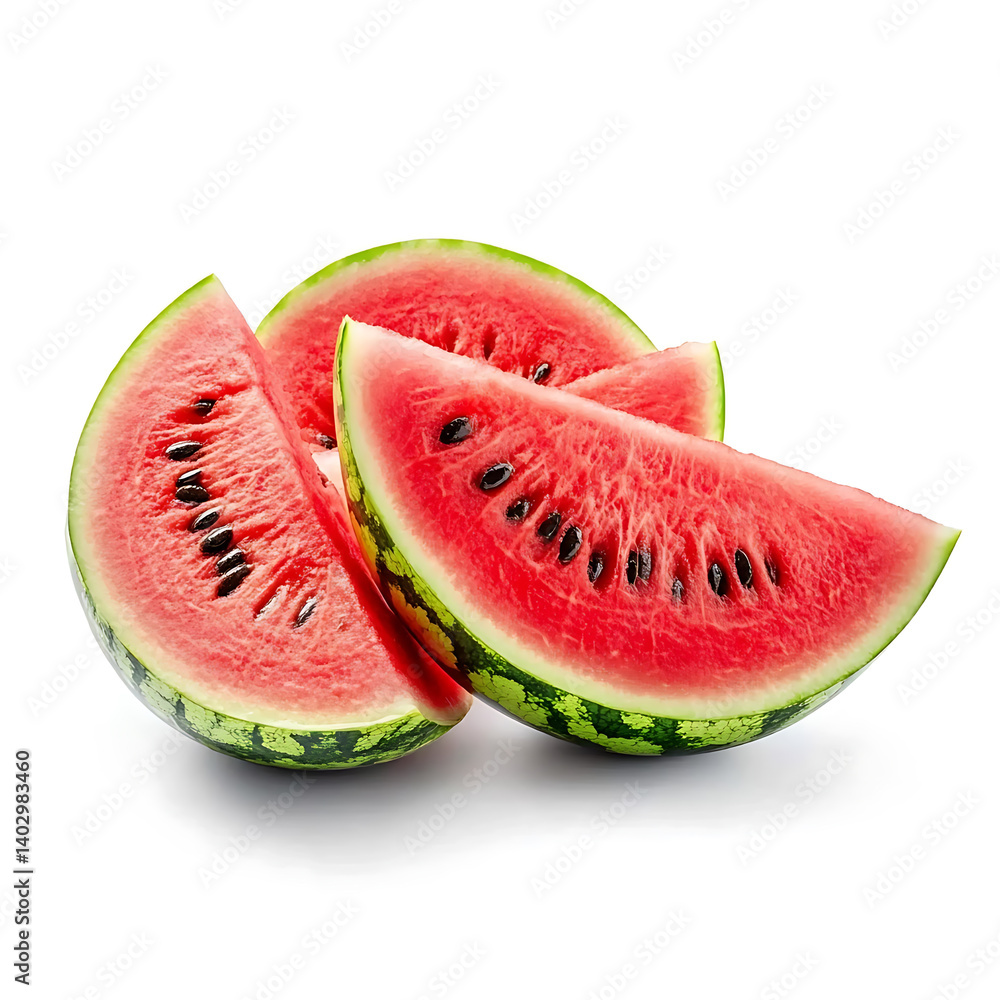 A perfectly sliced watermelon with vibrant red flesh and black seeds, isolated white background, hyperrealism art style A perfectly sliced watermelon with vibrant red flesh and black seeds, isolated white background, hyperrealism art style