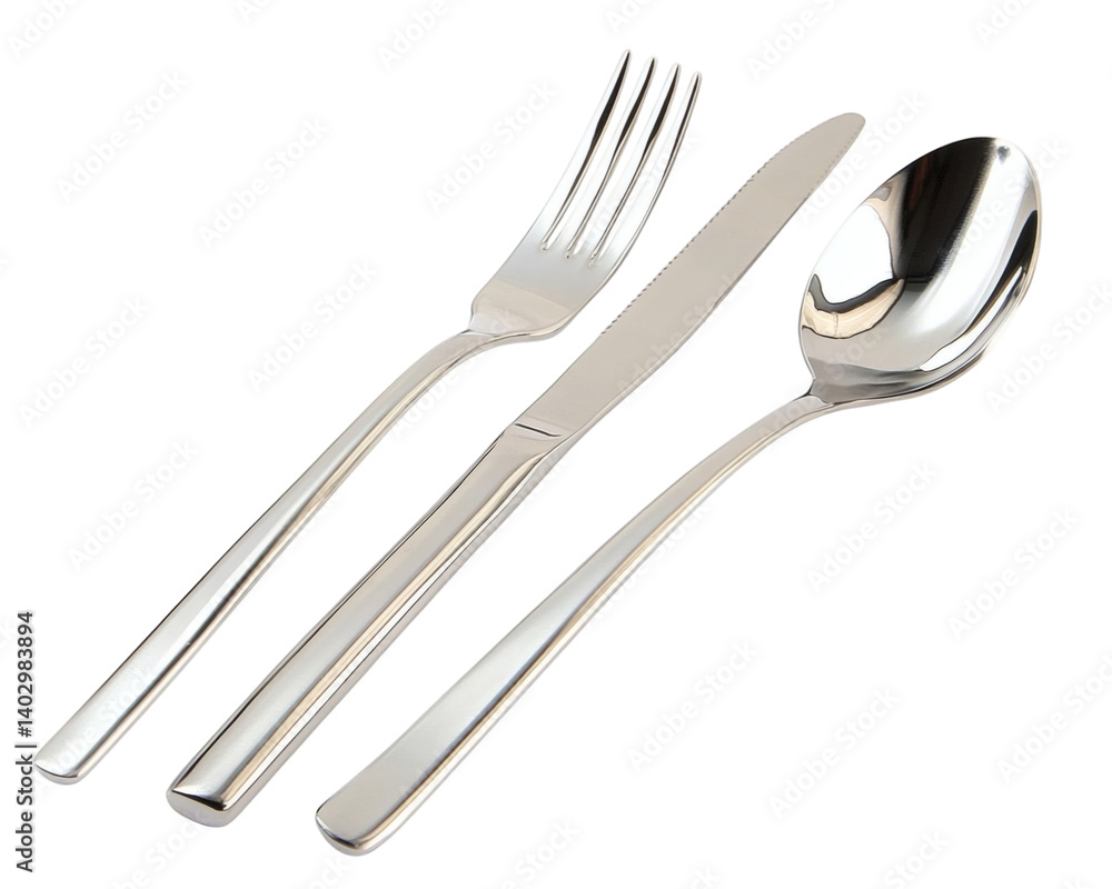 Shiny Stainless Steel Cutlery Set with Fork Spoon and Knife on White Background Shiny Stainless Steel Cutlery Set with Fork Spoon and Knife on White Background