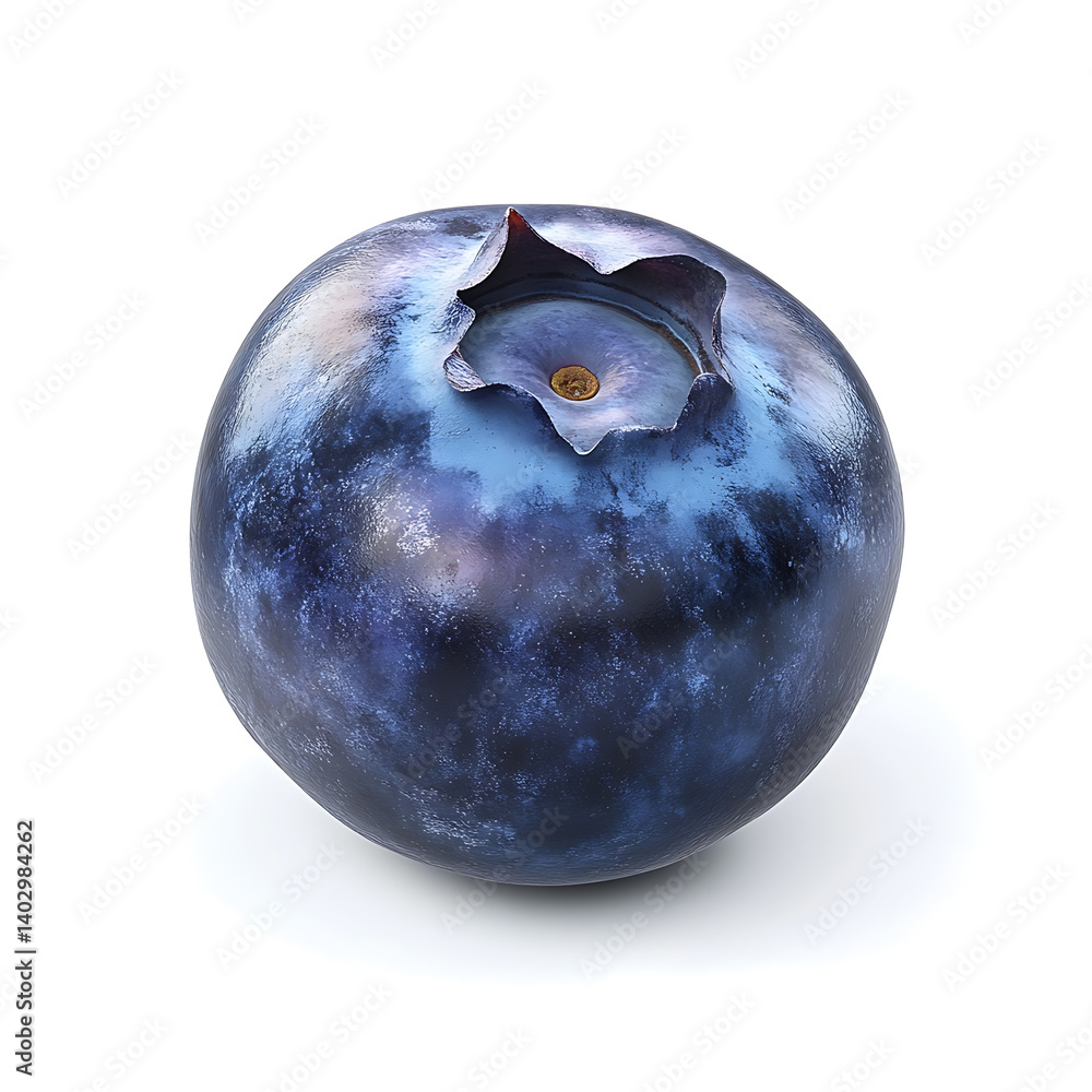 A plump blueberry with a smooth, dark skin and a juicy texture, isolated white background