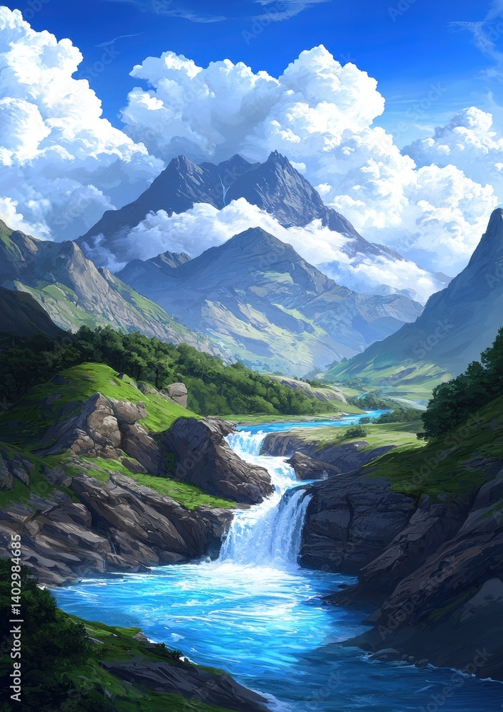 A serene mountain landscape with a waterfall cascading into a river, surrounded by lush greenery and towering peaks. A serene mountain landscape with a waterfall cascading into a river, surrounded by lush greenery and towering peaks.