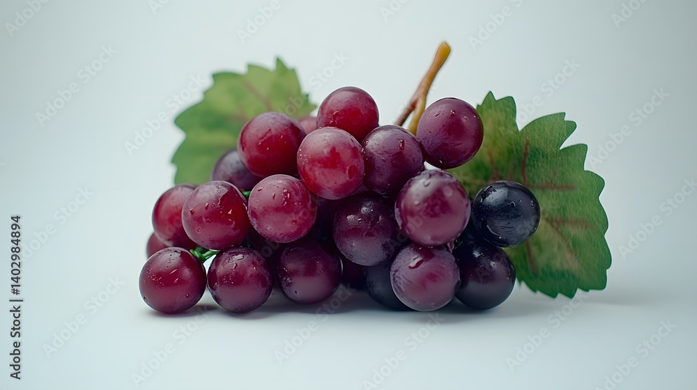 Fototapeta premium A bunch of ripe red grapes with green leaves, glistening with water droplets. Isolated on a white background, perfect for fresh, healthy food concepts.
