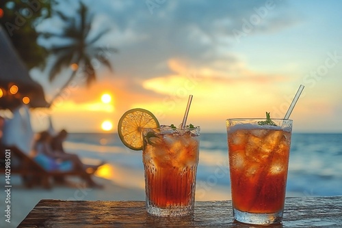 Fototapeta Naklejka Na Ścianę i Meble -  drinks with blur beach and sunset in background