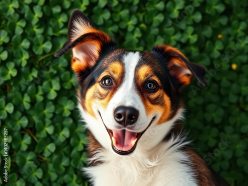 Happy dog ​​lying on a lawn of clovers