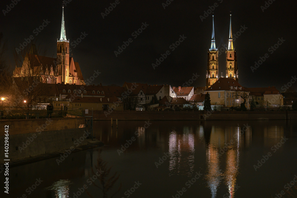 Fototapeta premium Wroclaw, Poland - 02.13.2023: Cathedral Island, Ostrow Tumski at Night