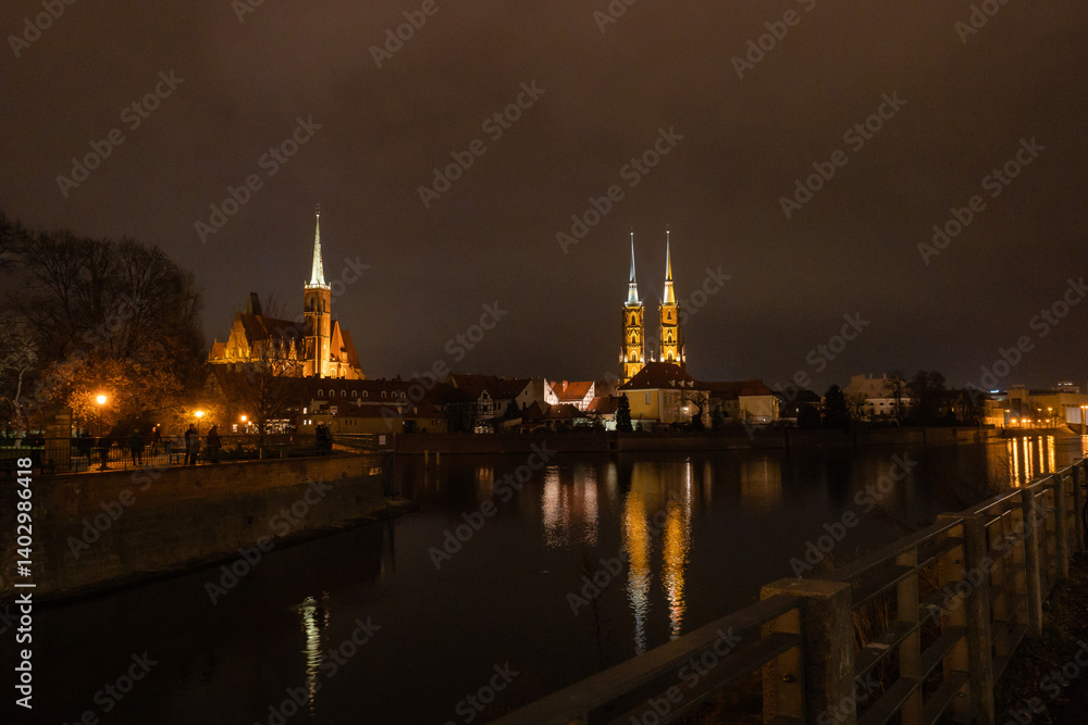 Fototapeta premium Wroclaw, Poland - 02.13.2023: Cathedral Island, Ostrow Tumski at Night