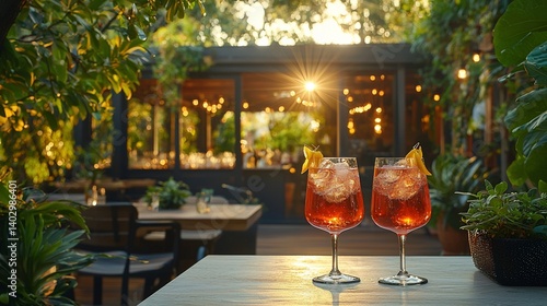 Aperol Spritz cocktails on a patio at sunset