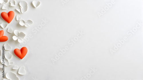 Colorful heart shapes arranged on a white background for romantic occasions and celebrations, love theme, wedding decoration, Valentine's Day, affection concept