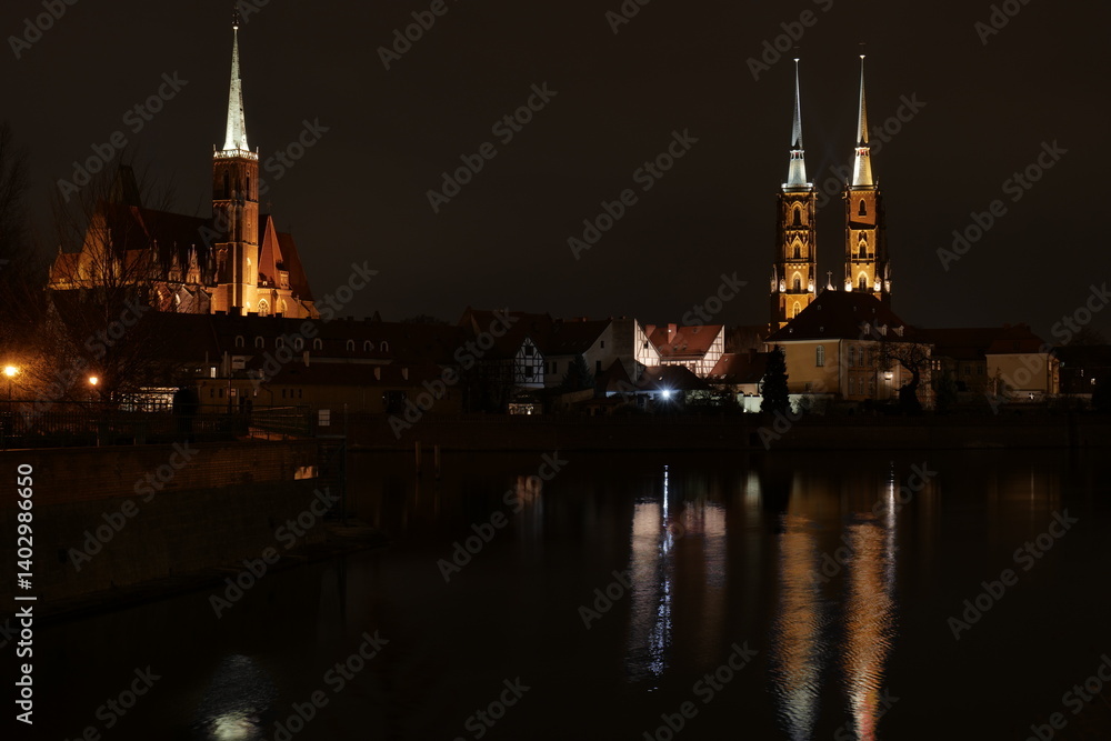 Fototapeta premium Wroclaw, Poland - 02.13.2023: Cathedral Island, Ostrow Tumski at Night