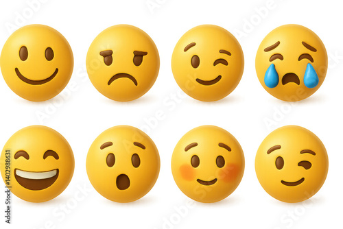3d yellow emoji icons set featuring various facial expressions for digital communication